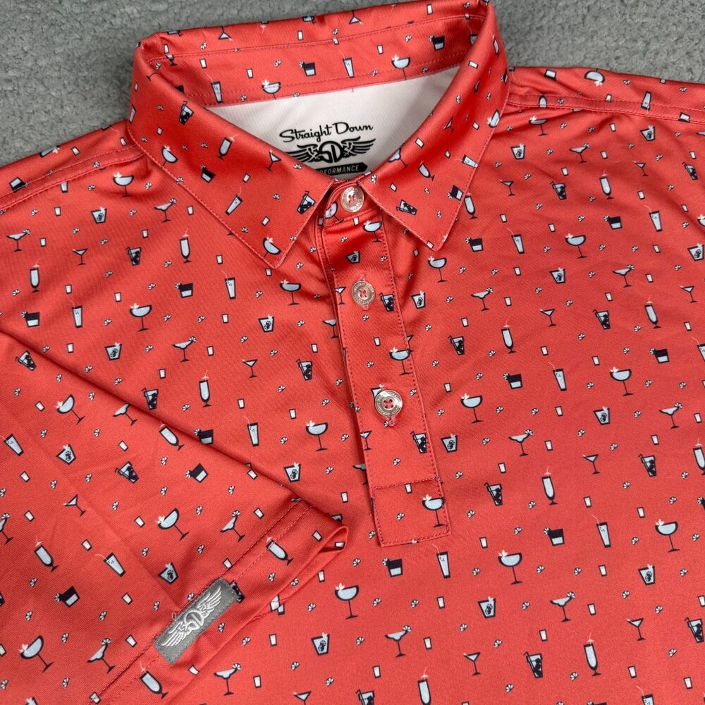 Straight Down Polo Shirt Mens Large Pink Cocktail Print Performance Golf Stretch